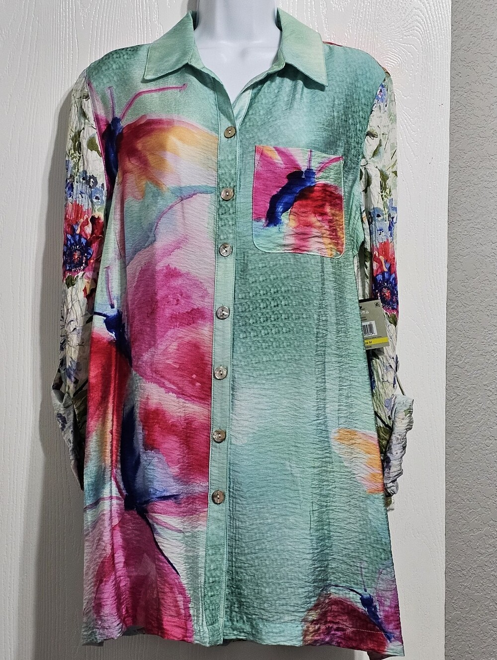 John Mark Mixed-media Button-front Tunic Blouse Size M NWT